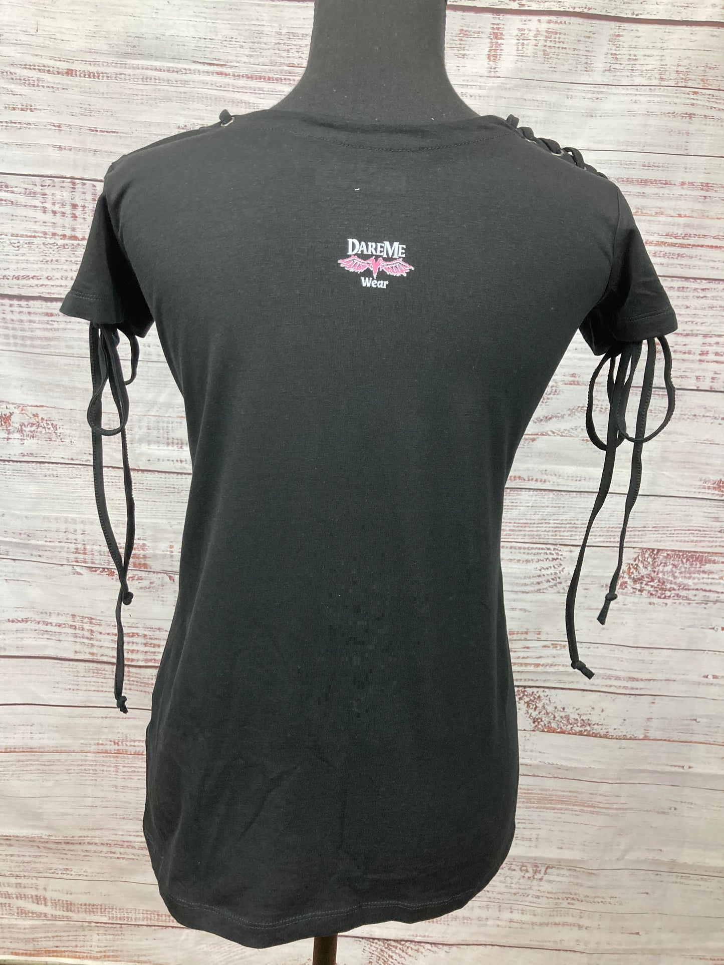 Black "Behind Every Crazy Wife Is A Husband That Made Her That Way" Graphic Tee With Corseted Sleeve