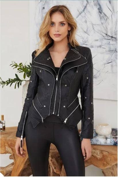 Venti 6 PU Leather Double Layer Embellished Star Rider Jacket With Zipper