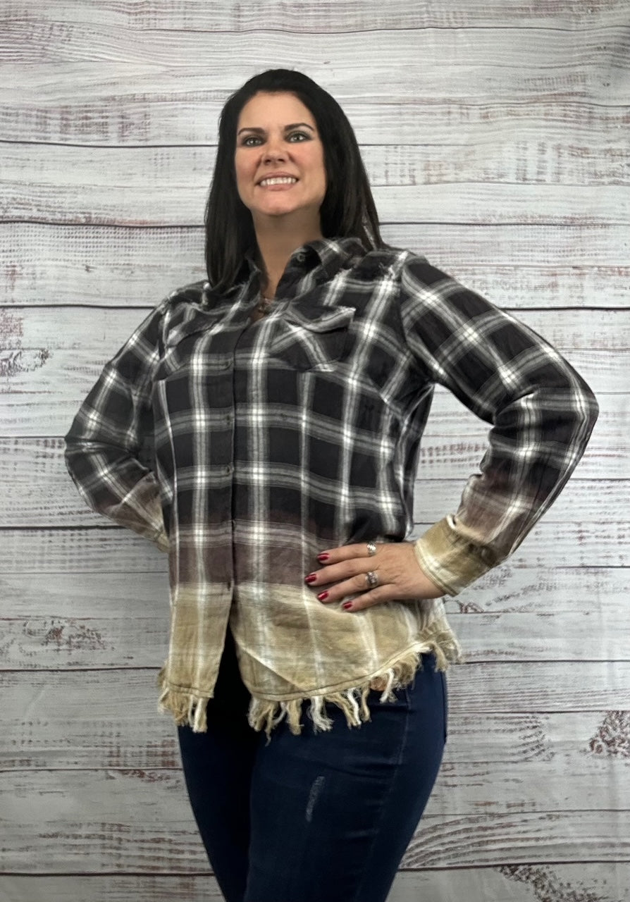 Black and White Plaid Flannel Long Sleeve with Fringe Hem