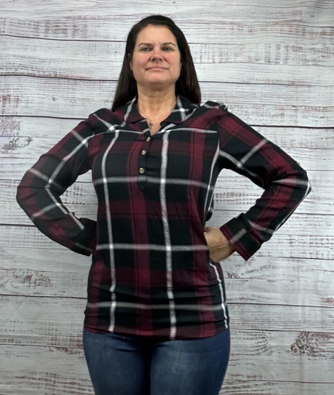 Maroon and Black Button Accent Plaid Top
