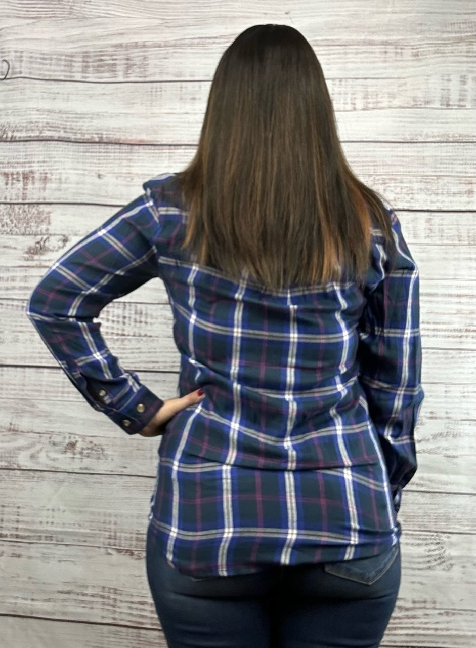 Blue and Pink Button Accent Plaid Top