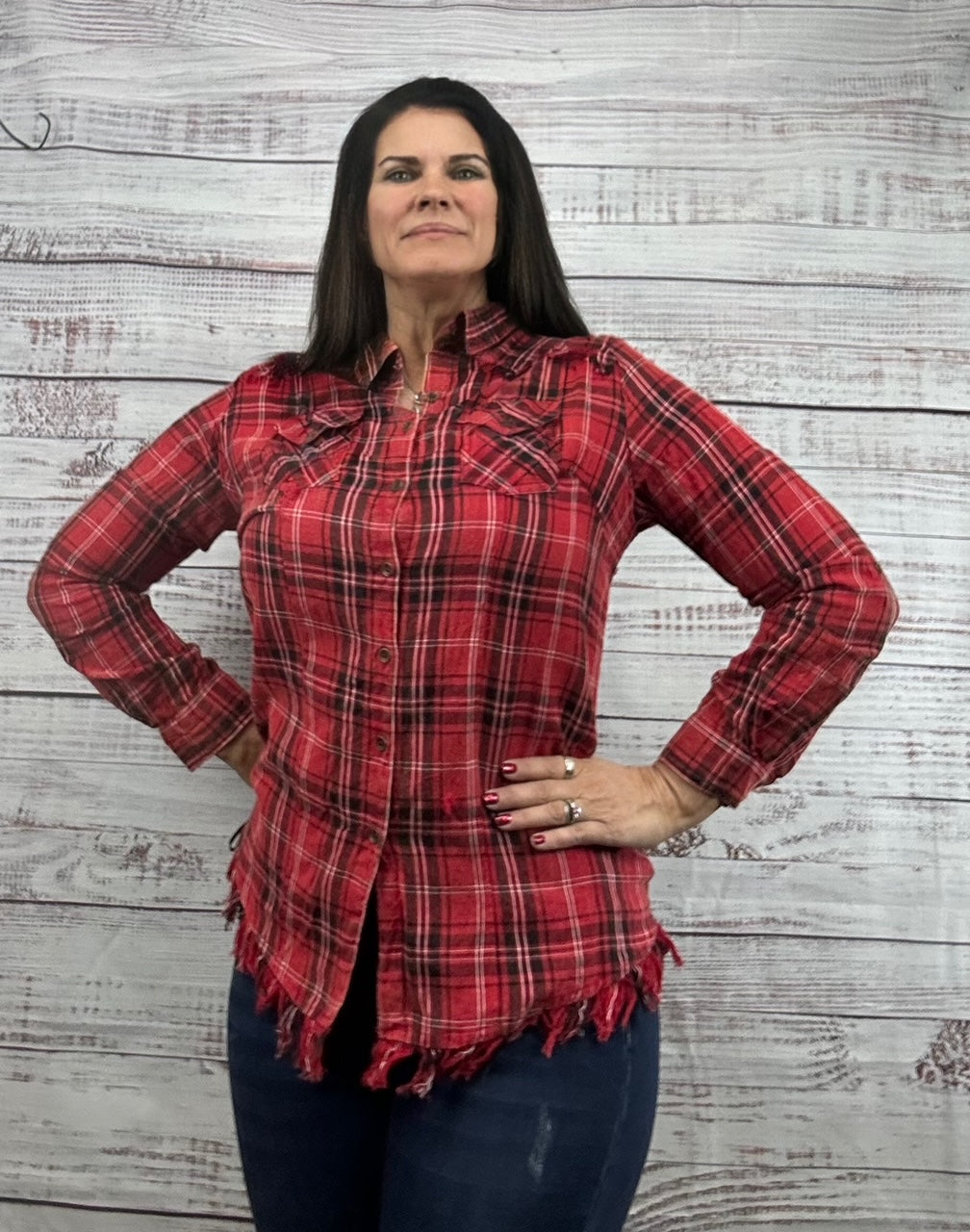 Red and Black Plaid Flannel Shirt with Fringe Hem