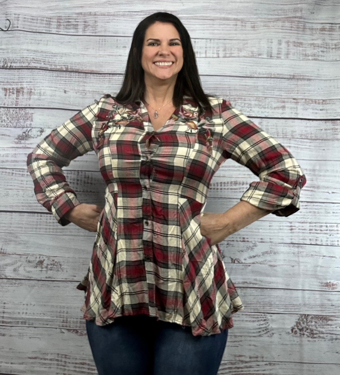 Red and Beige Plaid Floral Top with Corset Back Accent