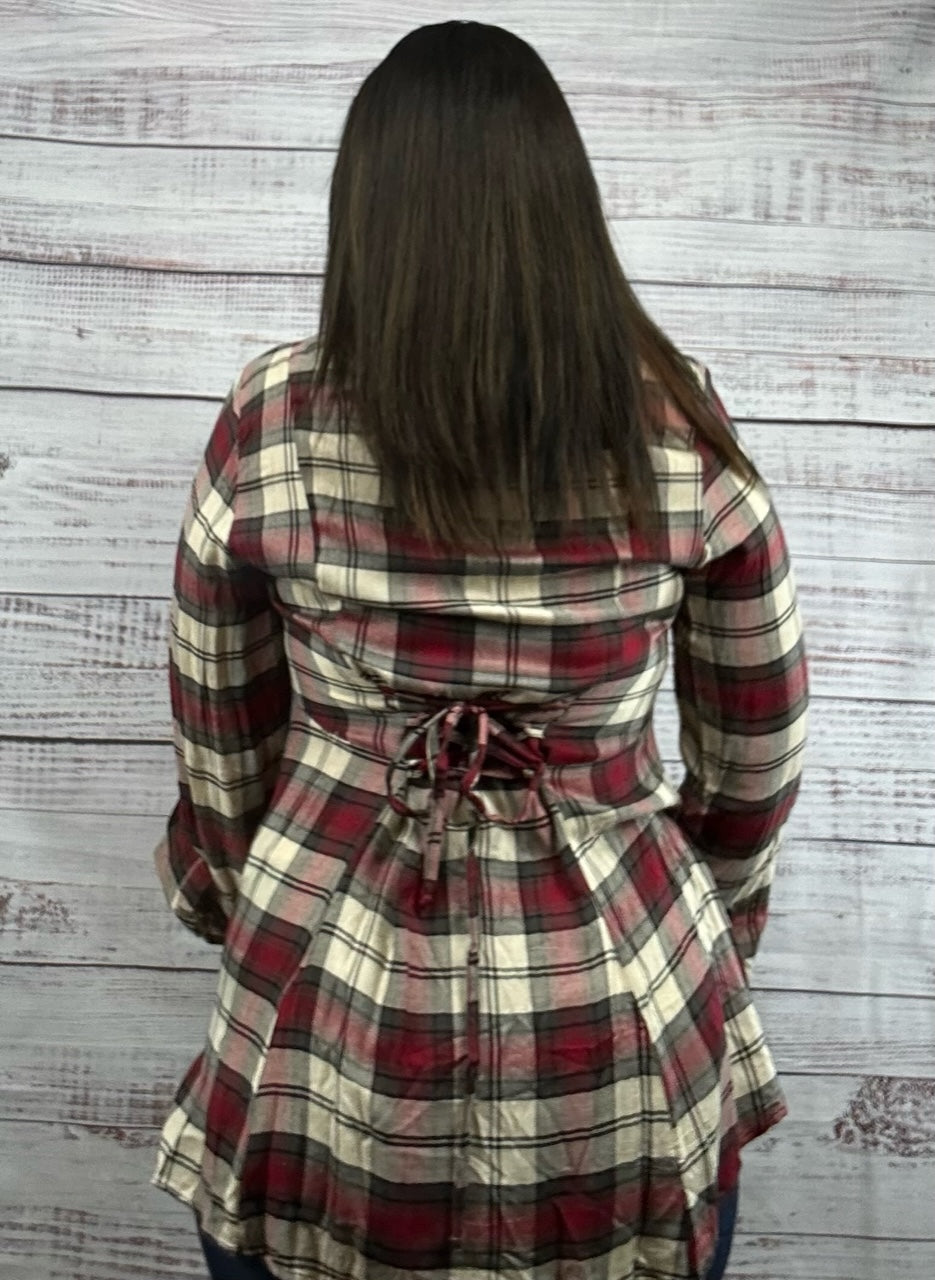 Red and Beige Plaid Floral Top with Corset Back Accent