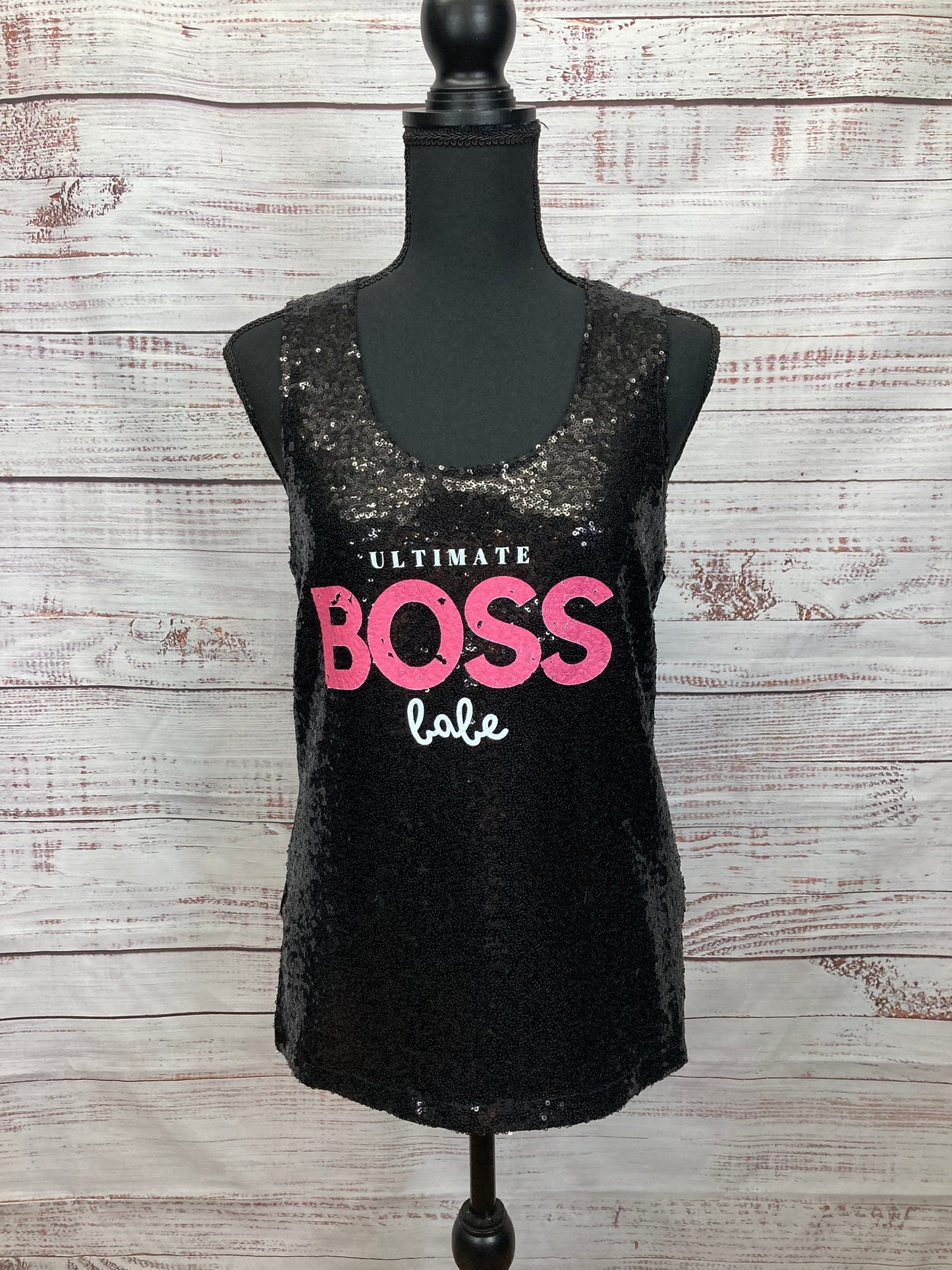 "ULTIMATE BOSS BABE" Black Sequins Tank Top