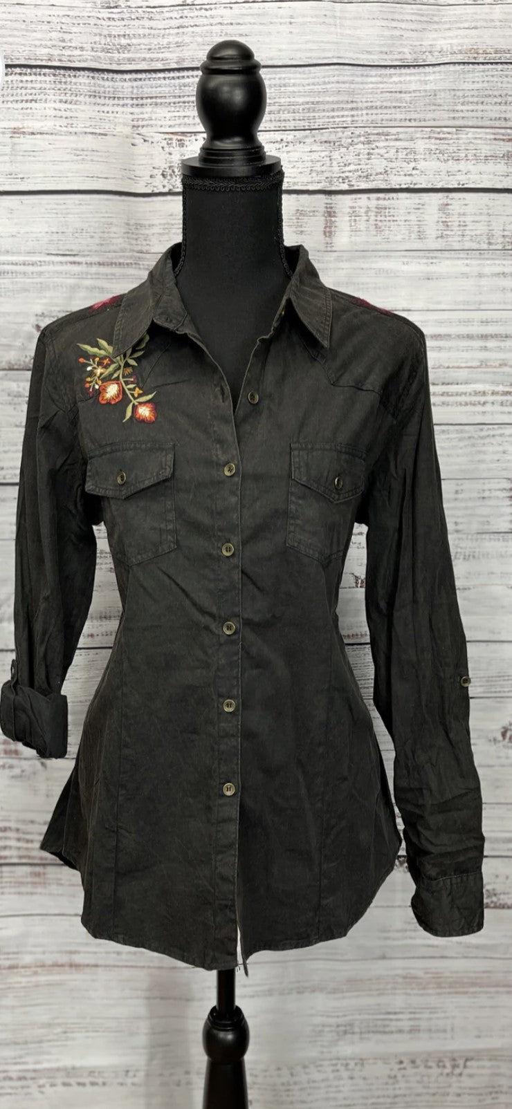 Distressed Floral Button Front Shirt