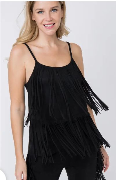 Vocal Tiered Fringe Single Strap Suede Camisole
