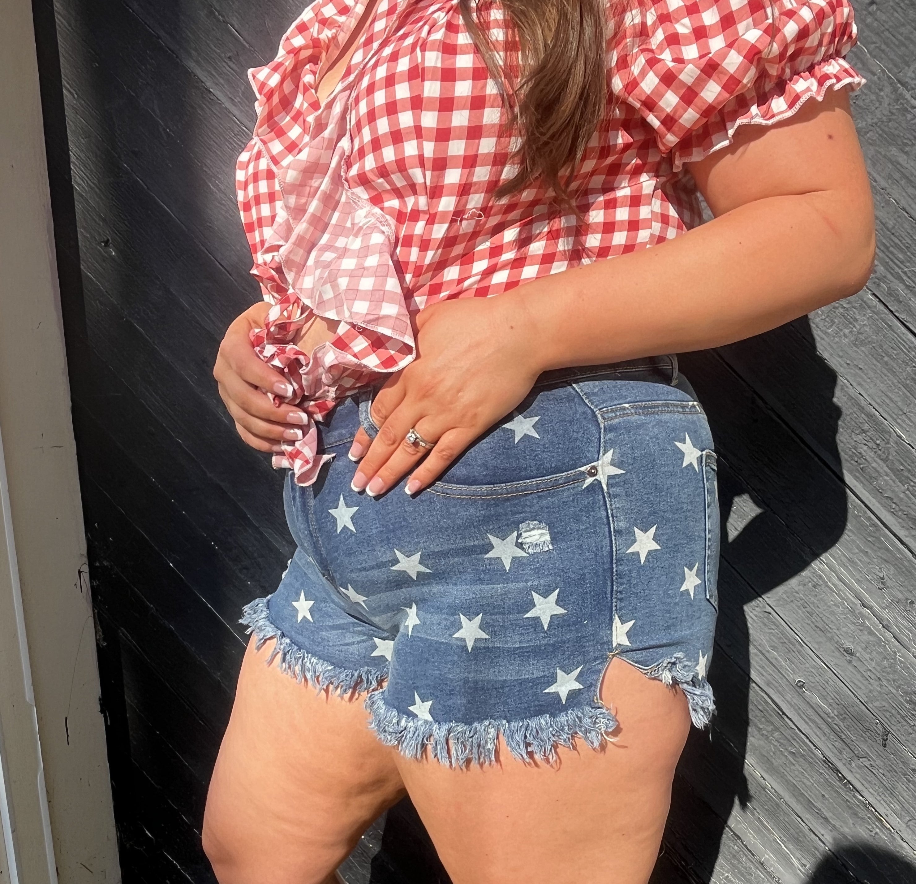 Star-Spangled Frayed Hem Denim Shorts