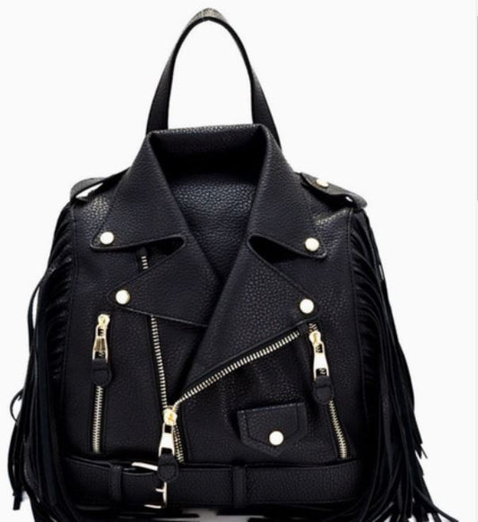 Moto Jacket Fringe Faux Leather Backpack