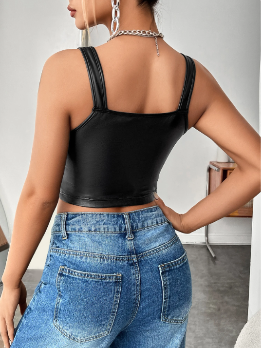 Zip Up PU Leather Tank Top