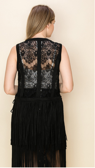 Vocal Studded Lace Suede Fringe Hem Sleeveless Open Front Vest