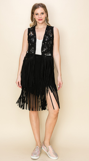 Vocal Studded Lace Suede Fringe Hem Sleeveless Open Front Vest