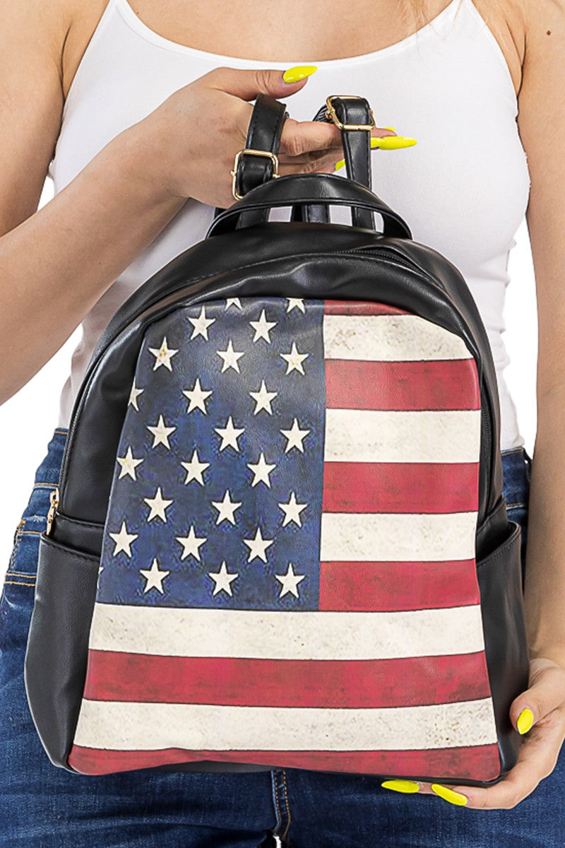 Vintage American Flag Print PU Leather Backpack