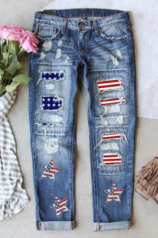 Sequin American Flag Star Graphic Distressed Straight Jeans