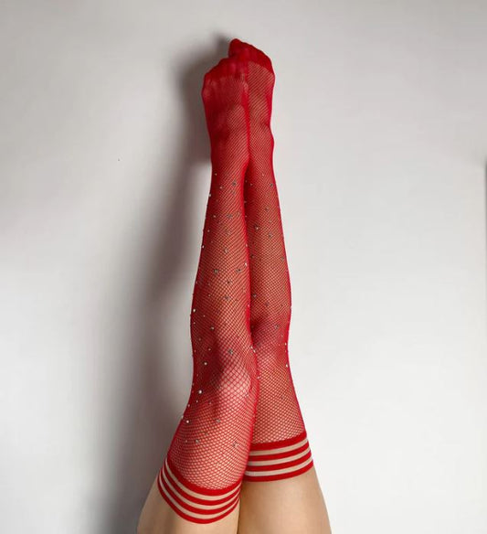 Kix'ies Joely: Red Fishnet  With Rhinestone Thigh Highs