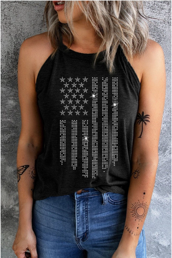 Black Shiny American Flag Printed O Neck Graphic Tank Top