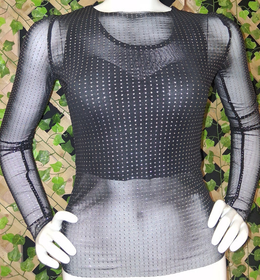 Fitted Rhinestone Sheer Long Sleeve Blouse