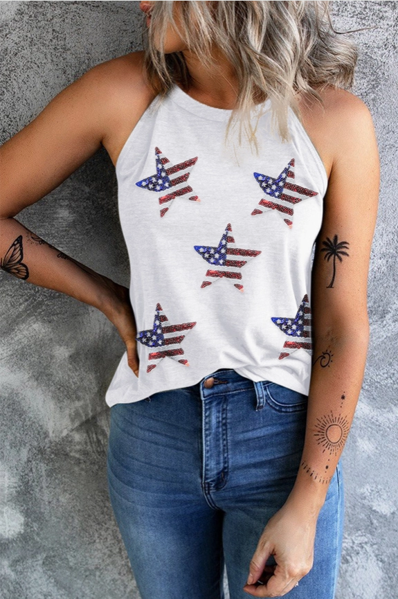 White Sequined American Flag Star Graphic Tank Top