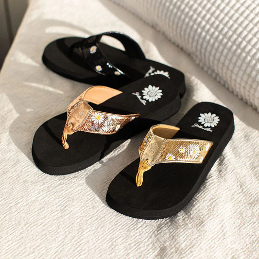 Yellow box black sequin 2025 flip flops