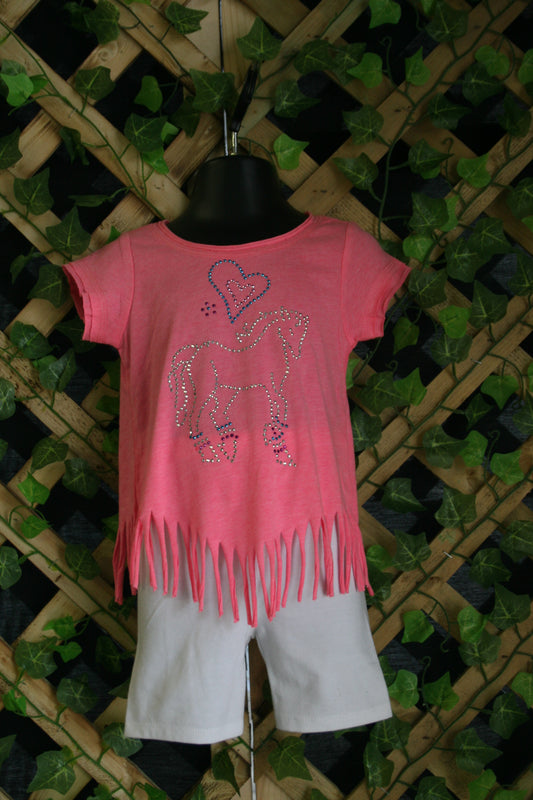 Pink Horse Tee with Fringe and Legging Set