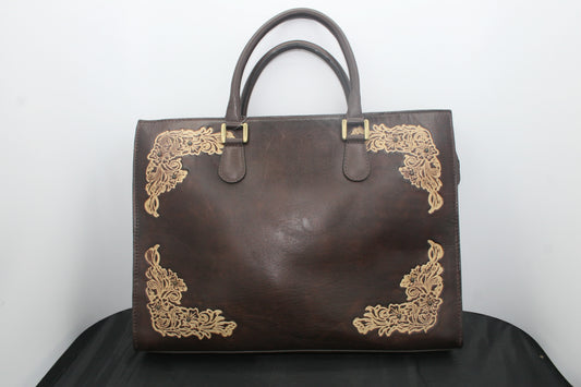 Oversize Brown Leather Bag with Floral Detail