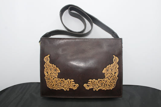 Brown Leather Shoulder Bag with Floral Detail