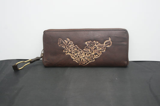 Brown Leather Wallet with Floral Detail