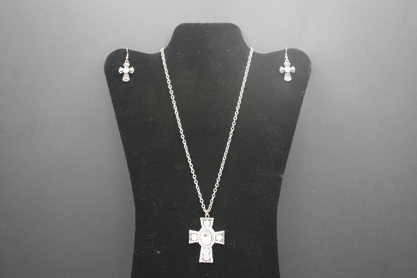 Round Rhinestone Cross Necklace and Earring Set