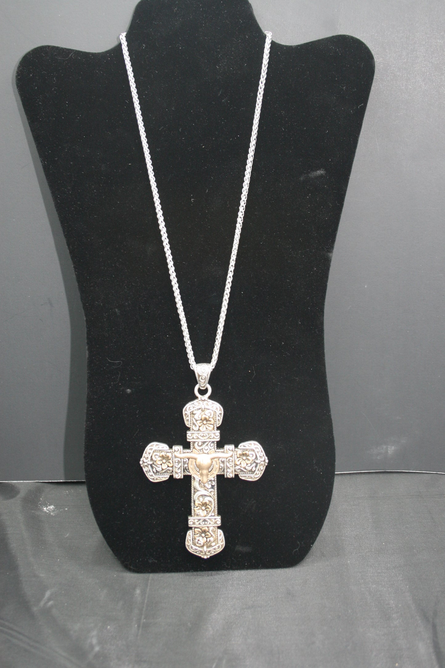 Long Cross Necklace with Steer Detail