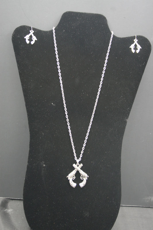 Crossed Pistol Necklace and Earring Set