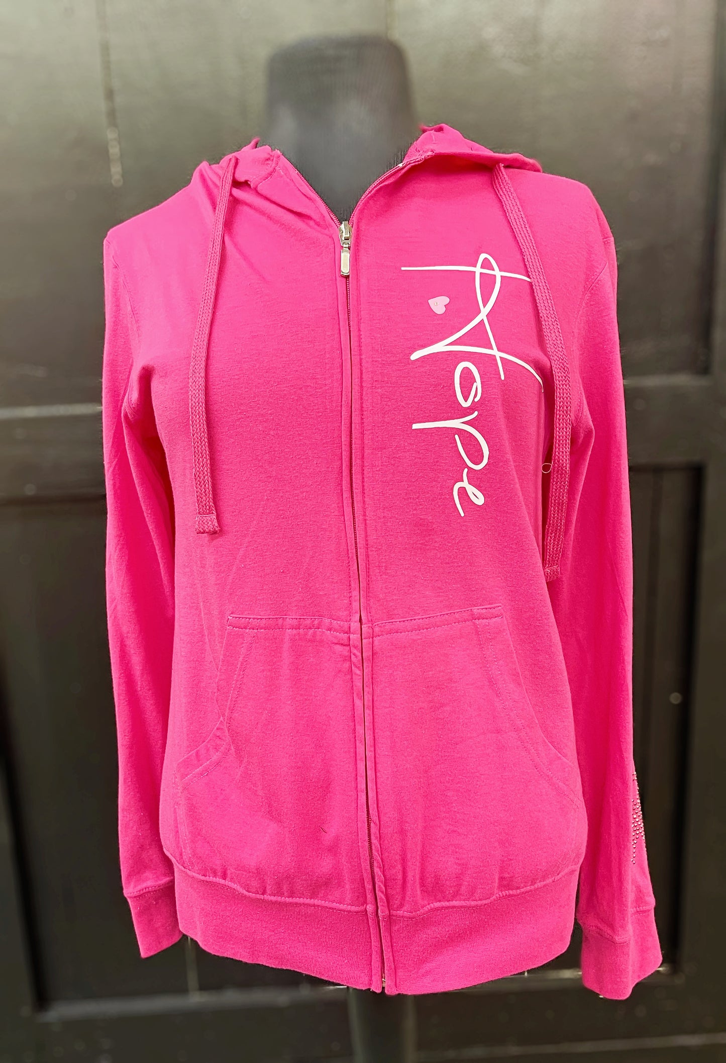 Outlaw Faith Wear Pink Light Weight Zip Jacket HOPE W/ Heart and Pink Ribbon.