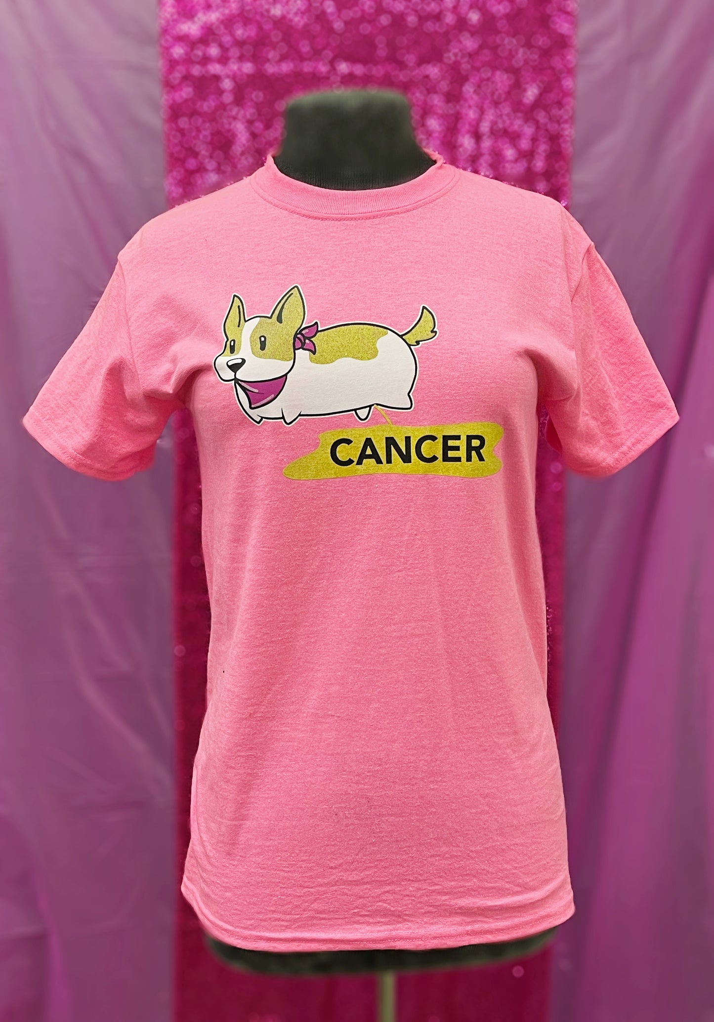 Outlaw Faith Wear Corgi Pup Piss On Cancer. Pink T-shirt.
