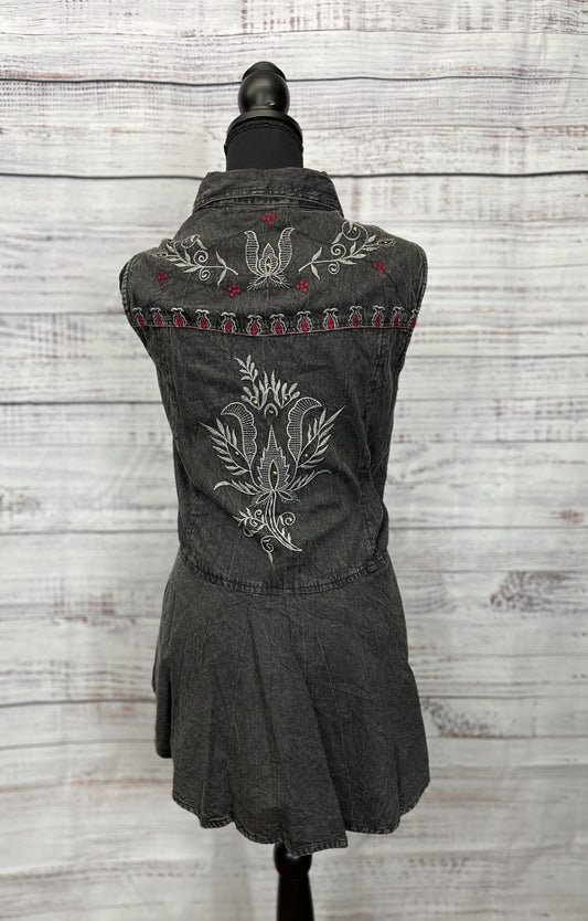 Vintage Black Embroidered Floral Print Button Front Vest