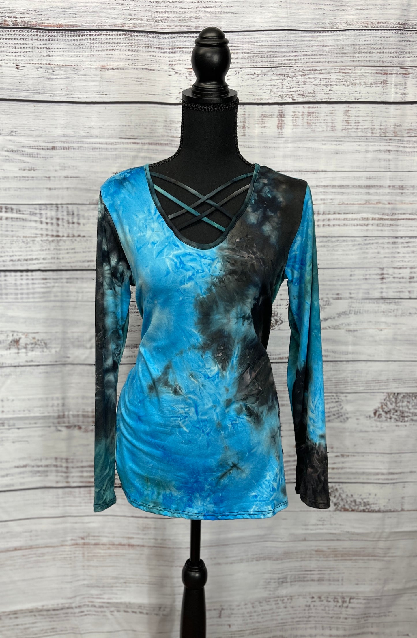 Blue & Black Criss Cross V-Neck Top With Rhinestone Motorcycle/Eagle