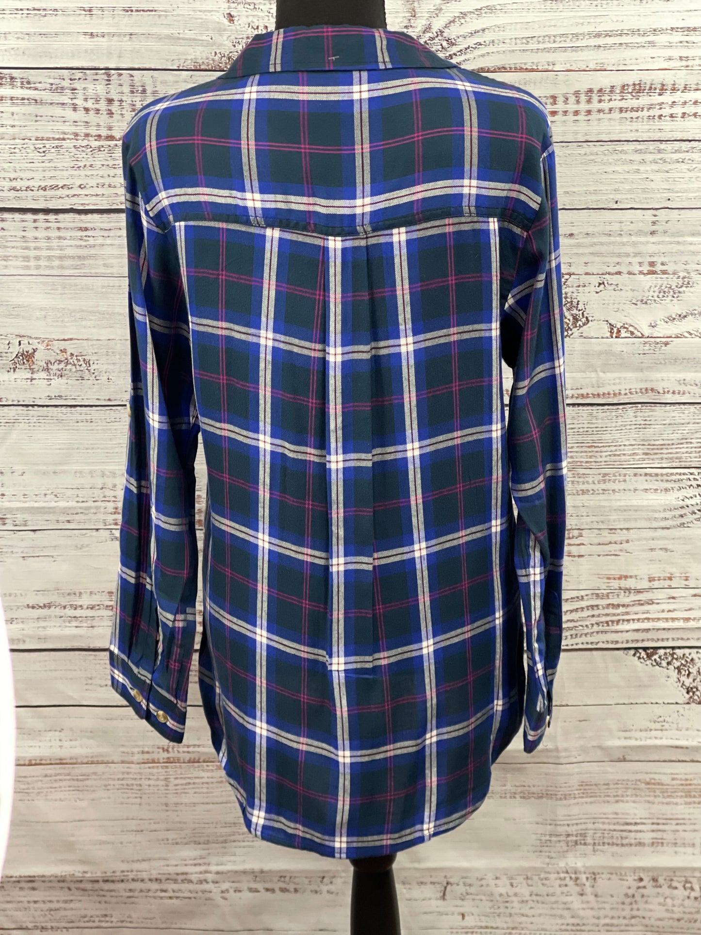 Blue and Pink Button Accent Plaid Top
