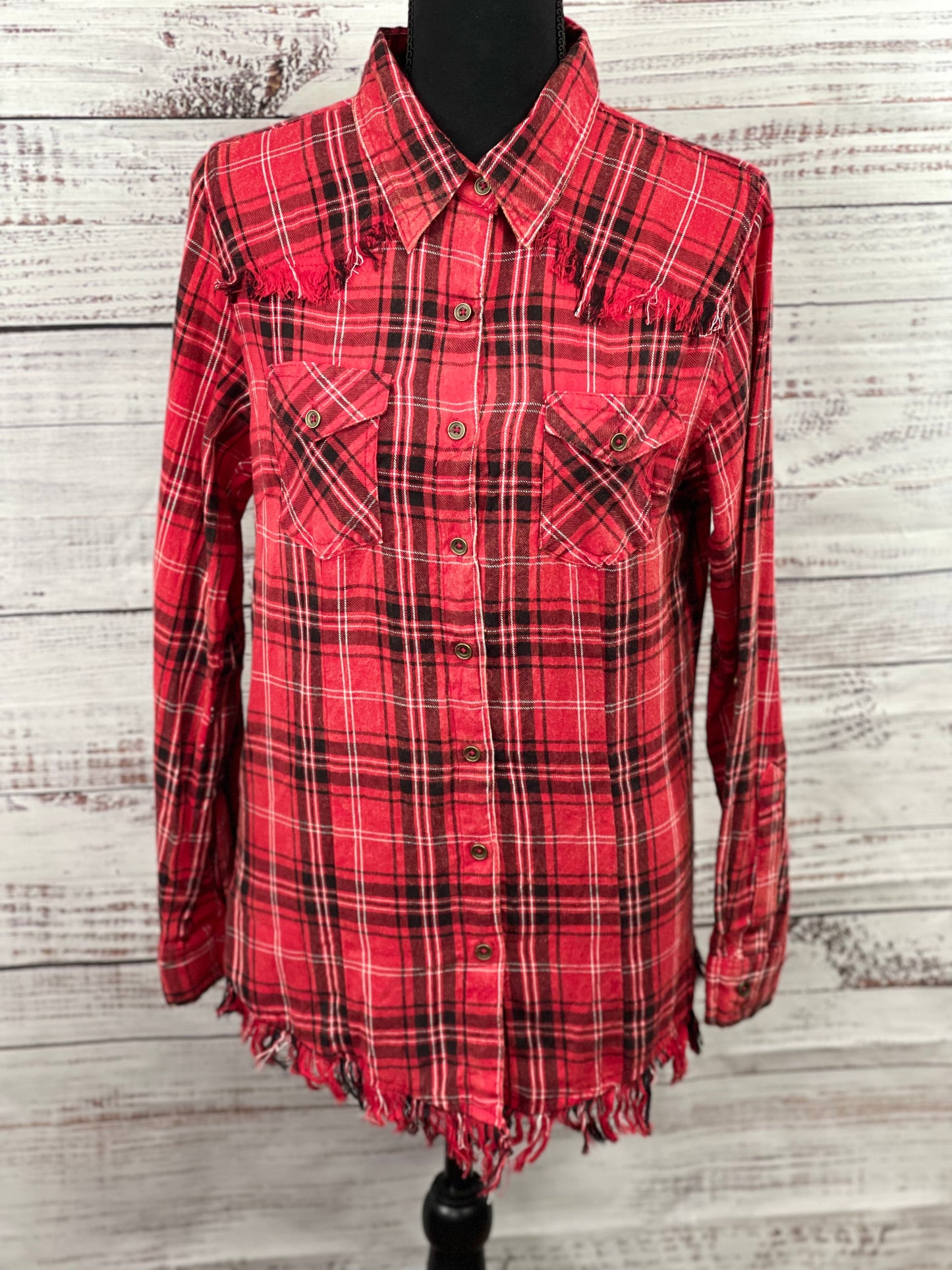Red and Black Plaid Flannel Shirt with Fringe Hem